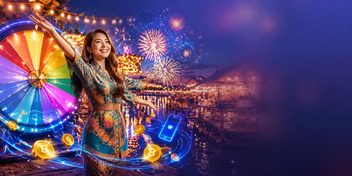 Malaysian-style lucky draw with traditional batik motifs in a festive setting